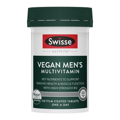 A Swisse Ultivite Vegan Women's Multivitamin bottle on a cream studio floor